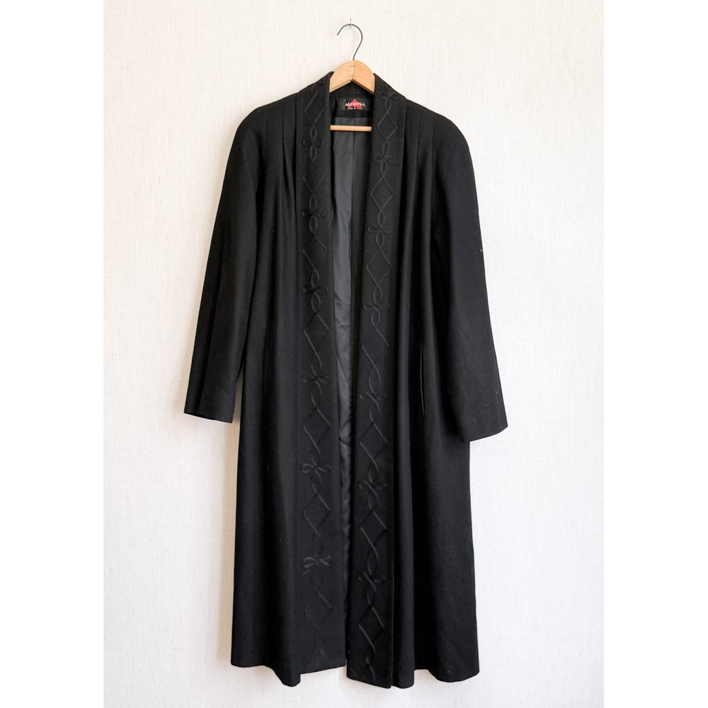 Alorna Vintage Wool Long Coat Soutache Trim Open Front Large Black USA Made